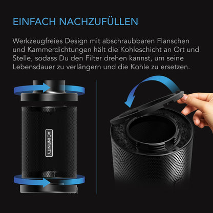 AC Infinity Refillable Activated Carbon Filter Set 150mm - with Activated Carbon Refill Pack, for odor elimination in inline fans and ventilation ducts in grow tents and hydroponics.