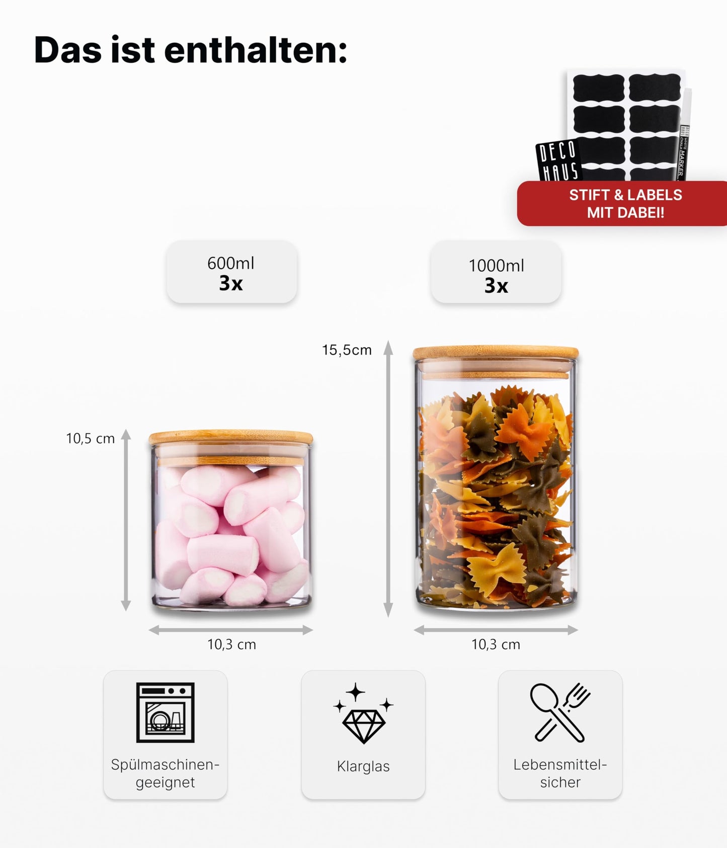 Deco House® storage jars with lid 6-pack [+LABELS] - For muesli, cornflakes, sugar, flour - Glass storage containers with airtight lid - Storage jar - Kitchen storage box