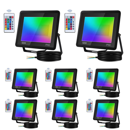 Tubiaz 8-pack RGB spotlight 50W, color changing LED outdoor spotlight with remote control, RGB LED floodlight 16 colors 4 modes with memory function, IP66 waterproof for gardens courtyards (no plug)