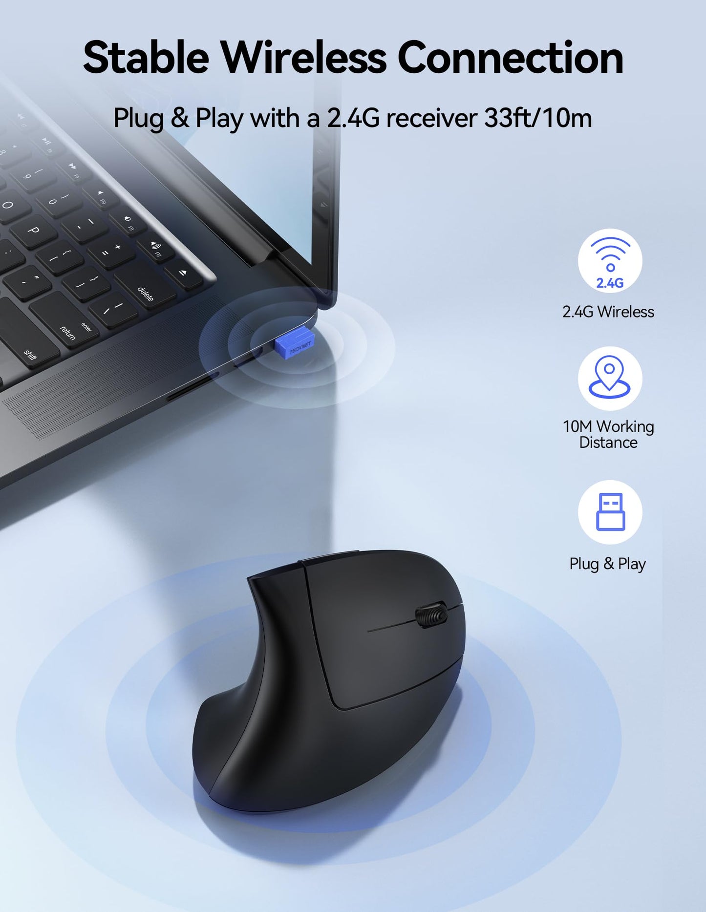 TECKNET Rechargeable Ergonomic Wireless Mouse, 2.4G Optical Vertical Mouse, 5 Adjustable Levels up to 4800DPI, Quiet Wireless Vertical Mouse with 6 Buttons for Laptop, PC, Windows, Mac OS