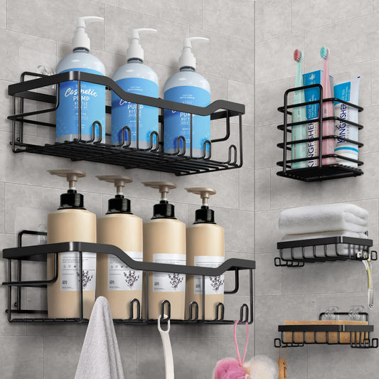Shower Caddy Without Drilling, 5 Piece Bathroom Organizer, Shower Shelf Without Drilling, Black Bathroom Organizer Rack Made of SUS304 Stainless Steel, Bathroom Shelf Shower Caddy Shampoo Holder for Shower