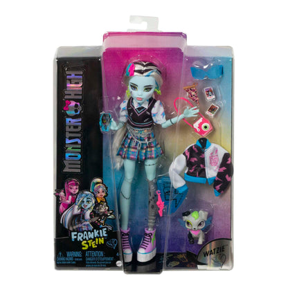 Monster High Frankie Doll, Electrifying Fashion, Voltageous College Jacket, creepy accessories, flexible body, for kids ages 4+, HHK53