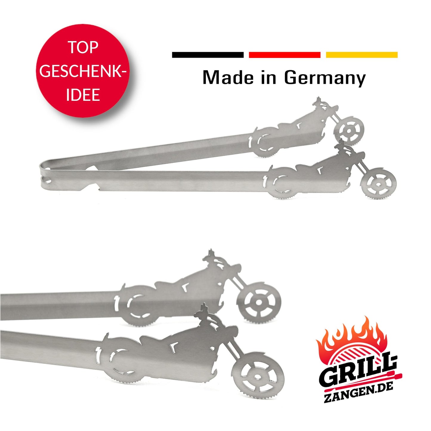 Grill-Tongs.com design chopper, dishwasher safe, gift idea for men, gift for bikers, silver, stainless steel, 31 cm, 1 piece.