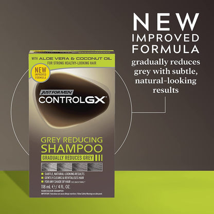 Just For Men Control GX - Gray-reducing shampoo for gray hair, with coconut oil and aloe vera, new improved formula, all shades, 118 ml x 2 units - Pack Promo