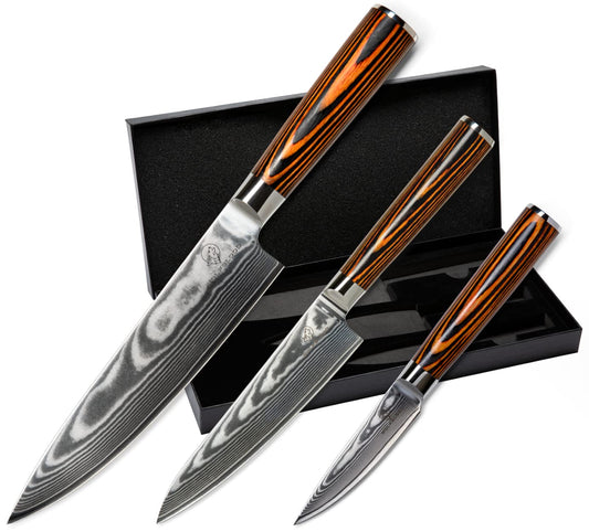 Wolfblood 3-piece Damascus Knife Set (32, 26, and 20cm) Professional kitchen knife set made of genuine 67-layer Damascus steel. Includes Chef's knife, Office knife, wooden handle, gift box, and blade guard.
