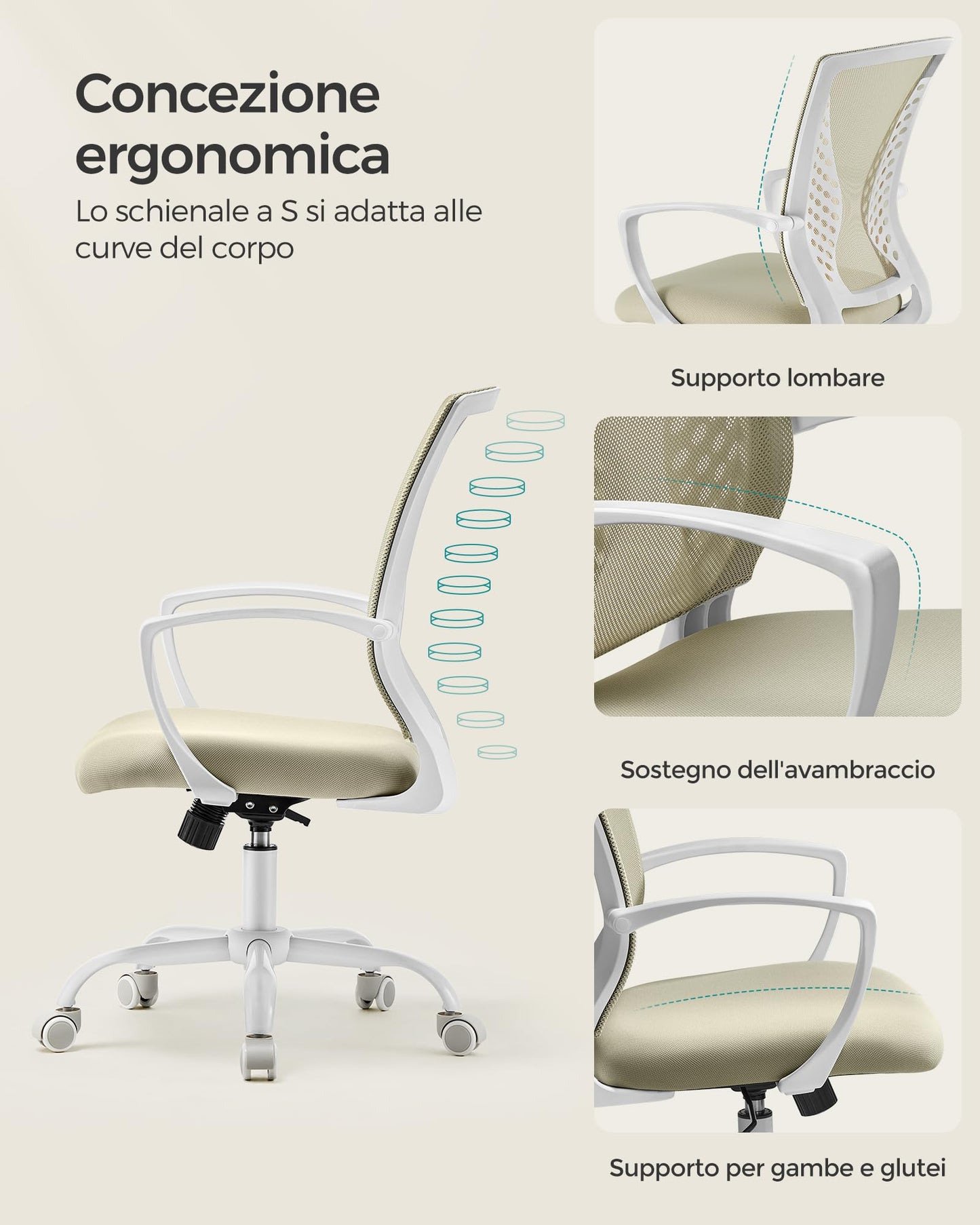 SONGMICS office chair with mesh backrest, adjustable height, swivel function, breathable fabric, suitable for office and home office, supports up to 120 kg, in cappuccino beige color OBN022K01