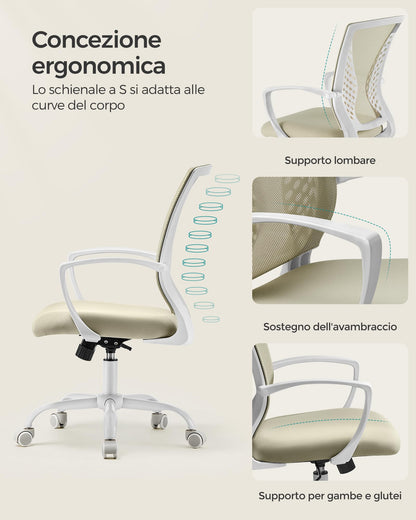 SONGMICS office chair with mesh backrest, adjustable height, swivel function, breathable fabric, suitable for office and home office, supports up to 120 kg, in cappuccino beige color OBN022K01
