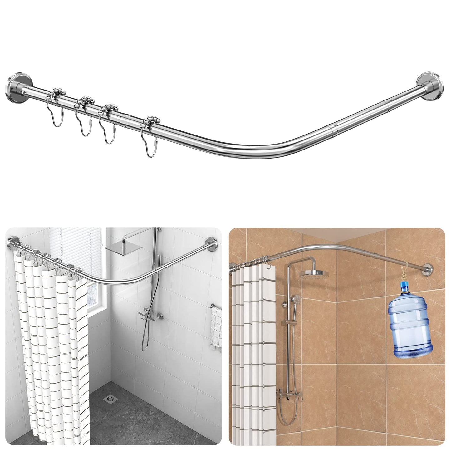 L-shaped adjustable shower curtain rod, 90-120 × 90-120 cm, with 18 stainless steel rings, SUS 304 stainless steel corner shower rod, drill installation, suitable for bathroom & bathtub.