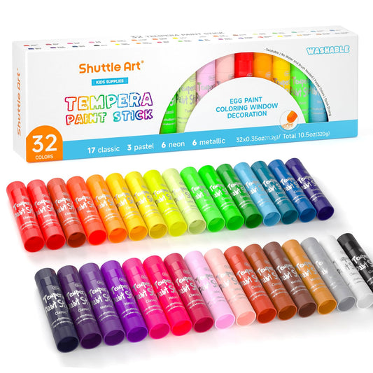 Shuttle Art tempera paint markers, 32 colorful solid tempera gouache markers for kids, fast-drying, can be used on paper, wood, glass, ceramic, canvas, wax crayons for ages 1 and up.