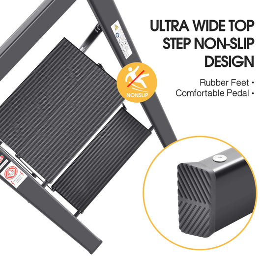KINGRACK 2-Step Aluminum Ladder, Foldable Step Ladder with Handrail, Non-Slip Household Ladder with Folding Lock, Load Capacity up to 150 kg, for Home, Office, Garden, Black