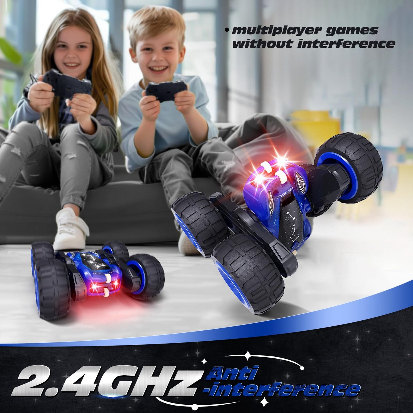 Tecnock 2025 Remote Control Car with 2.4 GHz Remote 360°Flip Stunts Rc Car Monster Truck with Colorful Lights for 6-12 Year Olds Outdoor Toy Gift for Young Children