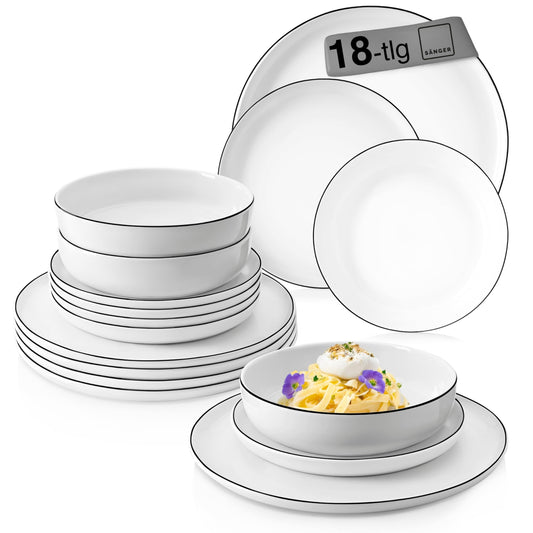 SINGER | Marlo Black Rim white tableware set, 18 pieces for 6 people made of porcelain, white with black accents, dinner plates, dessert plates, and bowls, modern design | PREMIUM COLLECTION