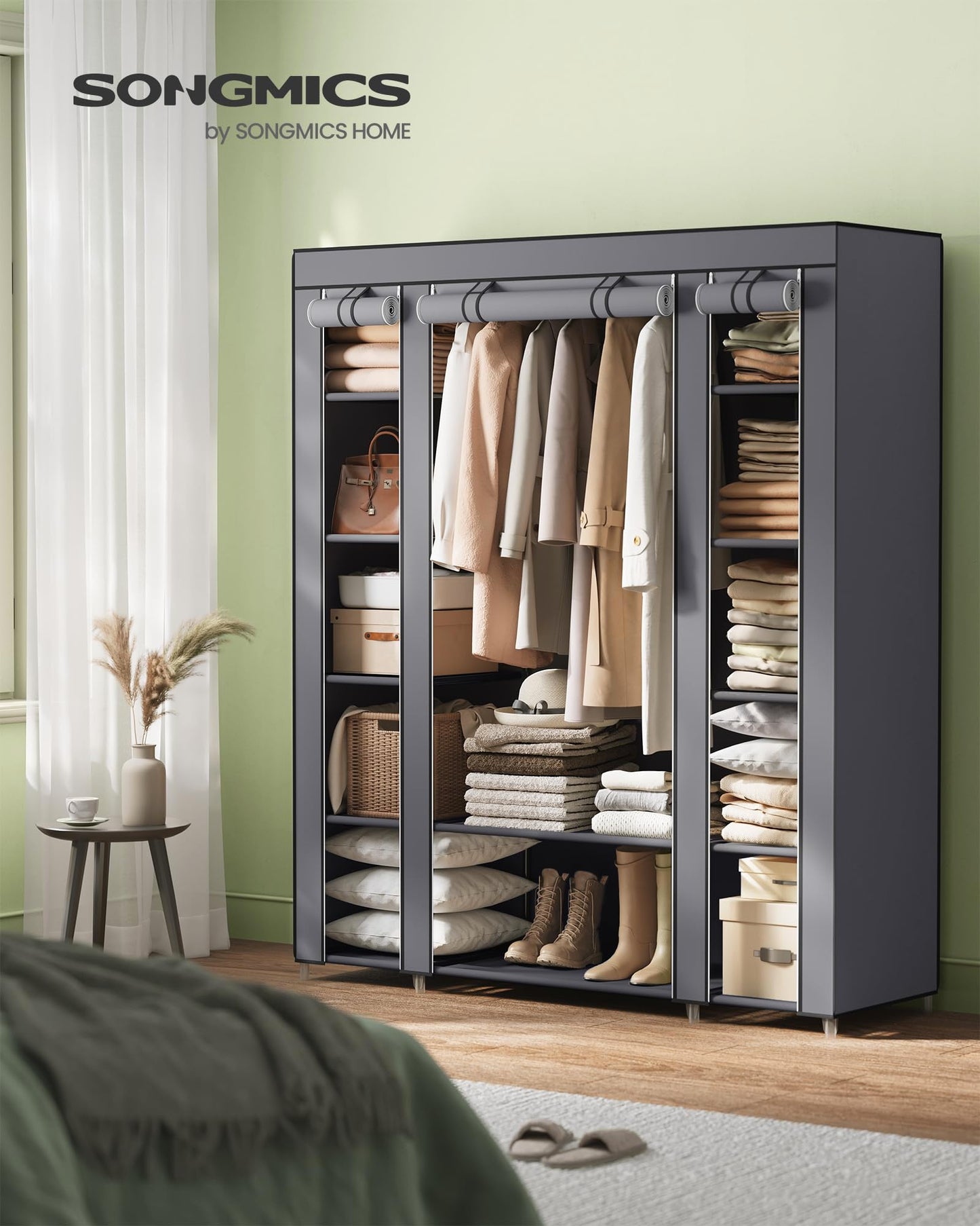 SONGMICS wardrobe, fabric closet with 12 shelves and clothes rail, sturdy cabinet for bedroom, dressing room, 150 x 45 x 175 cm, grey LSF03G