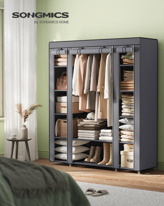 SONGMICS wardrobe, fabric closet with 12 shelves and clothes rail, sturdy cabinet for bedroom, dressing room, 150 x 45 x 175 cm, grey LSF03G