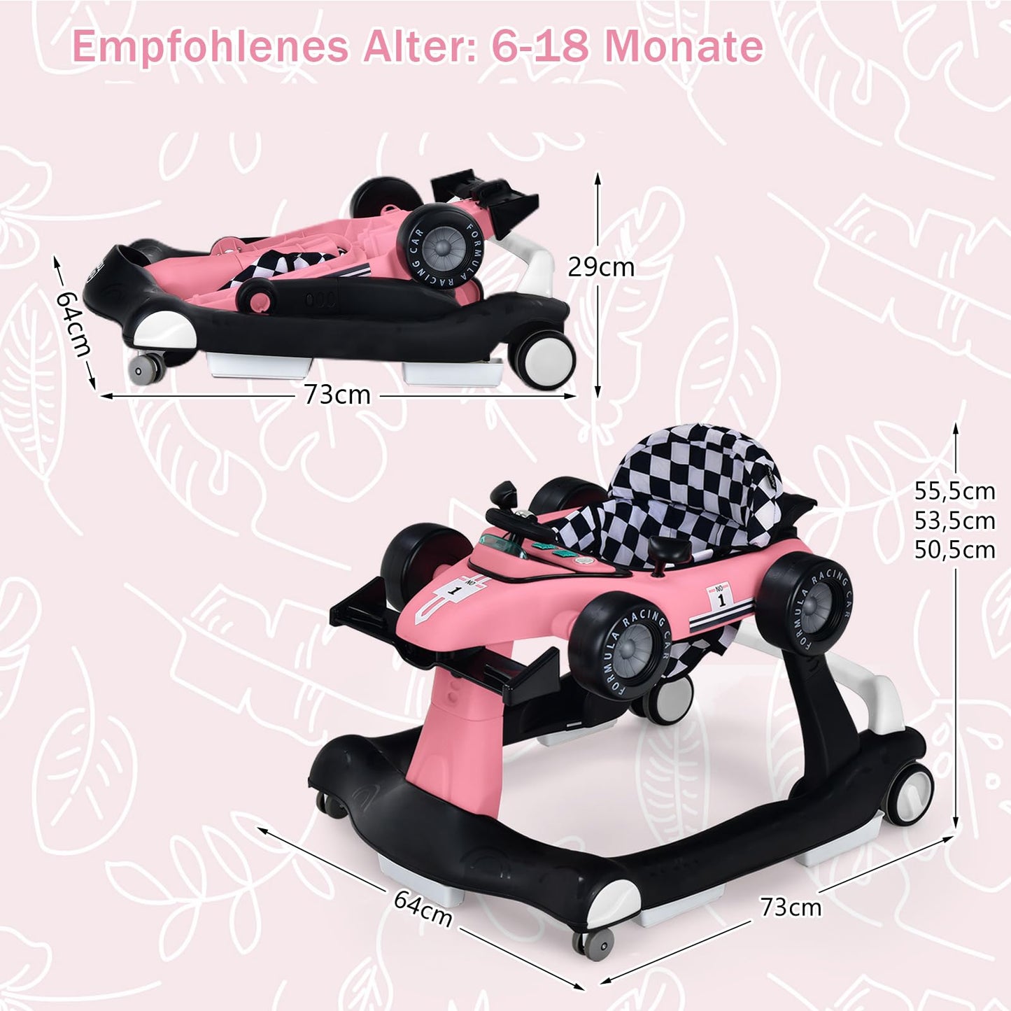COSTWAY 4 in 1 walker, foldable and adjustable height & speed baby walker shaped like a car with music box, lights & wheels for babies 6 months and up, maximum weight 12kg (Pink)
