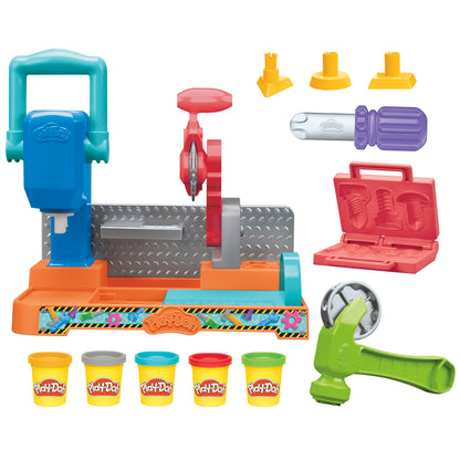 Play-Doh workbench playset, 5 x 56g cans of modeling compound in colorful colors, with circular saw toy, tools, and stamps, creative for children ages 3 and up.