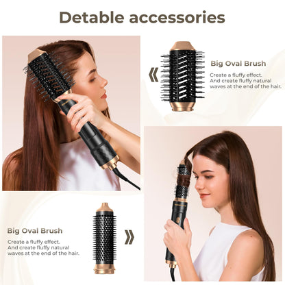 6 in 1 Hot Air Brush Set, Airstyler, with 6 attachments: 1000W Hairdryer, Round Brush Dryer Thermal Brush Airflow Curling Iron Automatic, Blow Dry Brush, Straightening Brush, Straighten, Curl, and Blow Dry Wet Hair.