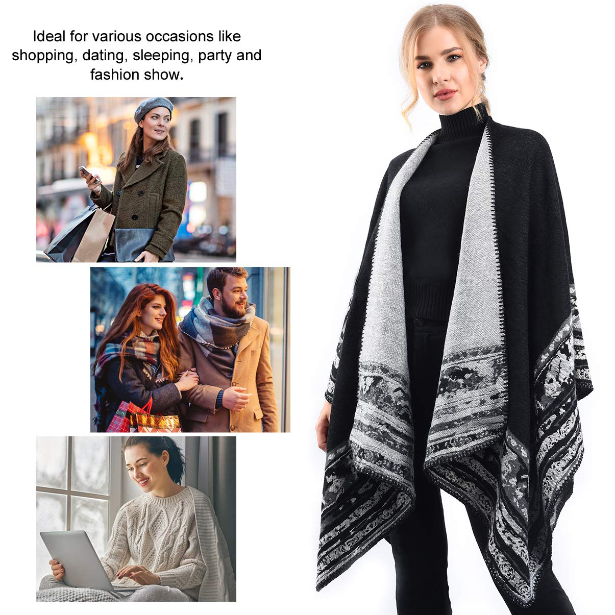 Winter Warm Poncho Scarf Wrap - Autumn Open Front Cape Windproof Knit Wool Coat Blanket Cape Scarf Oversized Winter Blanket Reversible Scarf Thick Cardigan Coat for Women Girls Festive Gifts