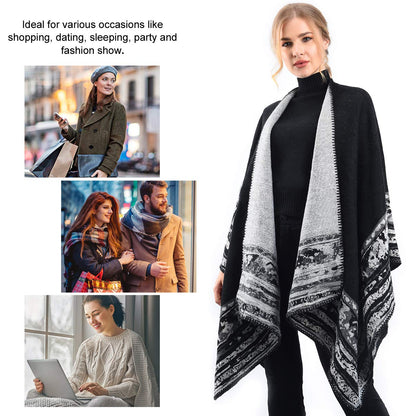 Winter Warm Poncho Scarf Wrap - Autumn Open Front Cape Windproof Knit Wool Coat Blanket Cape Scarf Oversized Winter Blanket Reversible Scarf Thick Cardigan Coat for Women Girls Festive Gifts