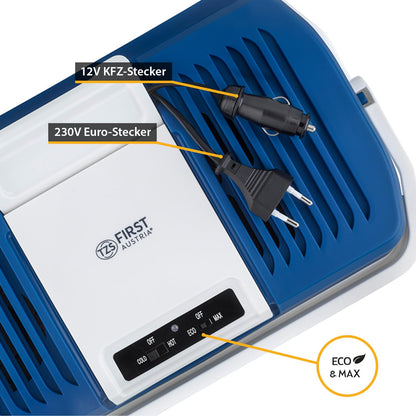 TZS First Austria - Cooler box 24L electric 12V 230V connection for car & power outlet - Thermo-electric Cool Box cools & warms - Mini fridge with handle - For camping, festivals, travel - Blue