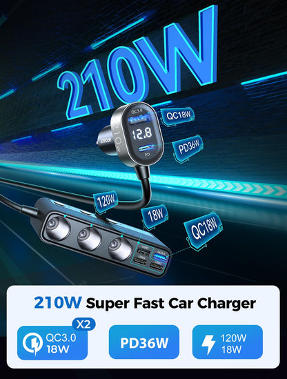 JOYROOM 210W cigarette lighter distributor, 【2025 Upgrade】car charger adapter, 3 way 12V/24V plug charging cable splitter with 36W PD & 5 USB ports for iPhone 17/iPad/Dashcam/GPS/seat heater.