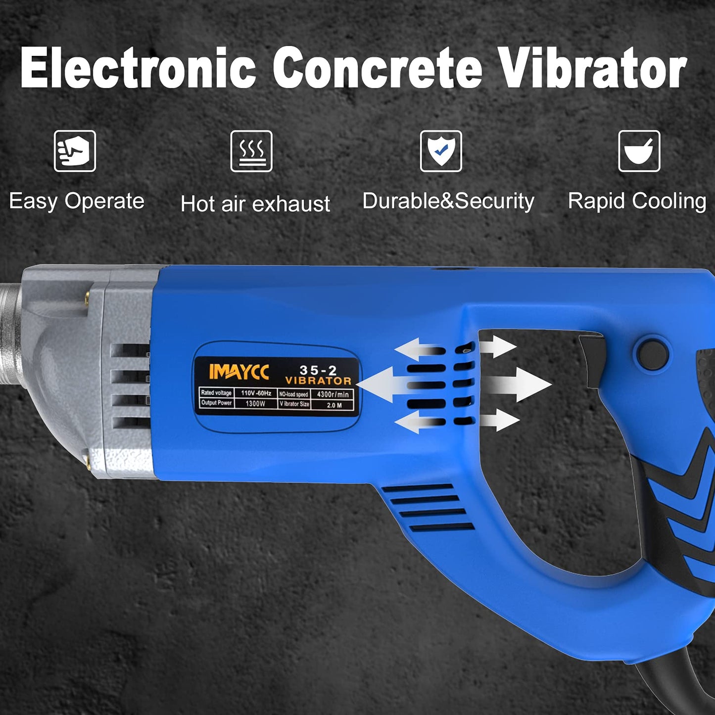 The IMAYCC Concrete Vibrator 1300W 220V 4300 RPM, with 2m copper hose length, is ideal for concrete tools.