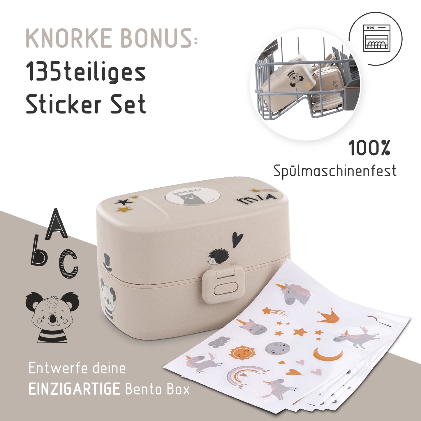 BJORKI® Bento Box for kids with BONUS name stickers - Leakproof lunchbox with compartments - Sustainable lunch box for kindergarten & school - Perfect for on-the-go snacking. (Pastel Beige)