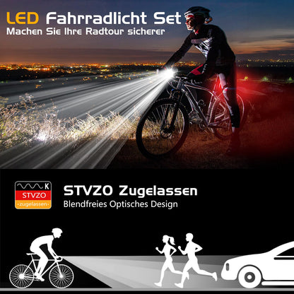 LED bike light set, StVZO approved front and rear bike lights with 1000mAh battery, 50 LUX bike light set USB rechargeable IPX5 waterproof bike lights LED set