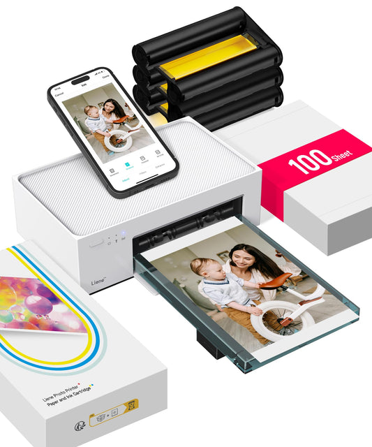 Compact photo printer for smartphone (4x6 inches) + set with 2 packs (20+80 sheets) of photo paper/cartridges, WiFi mobile photo printer for iPhone/Android/PC, 300DPI color sublimation instant photo printer, portable printer.
