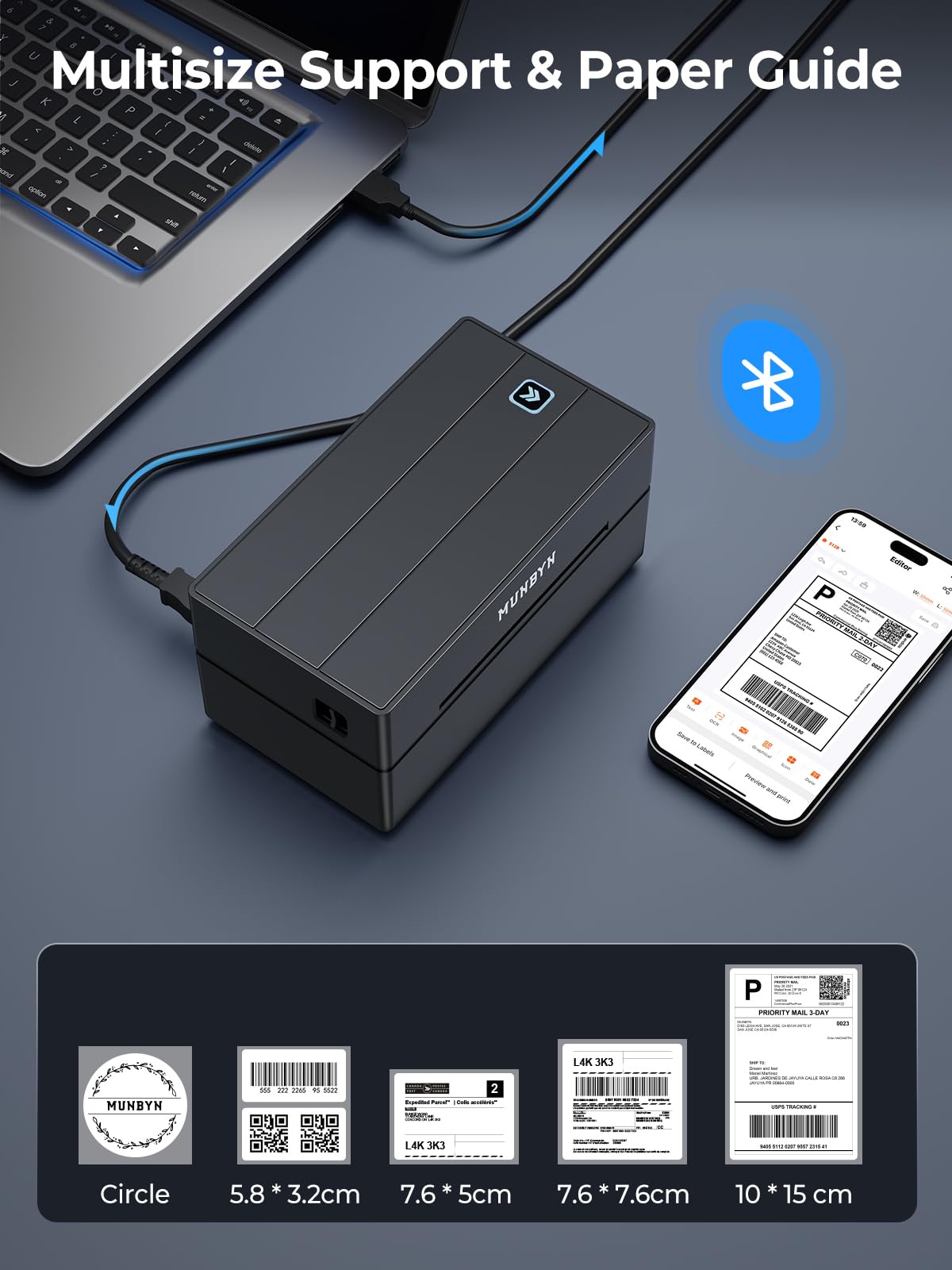 MUNBYN DHL label printer Bluetooth, label printer 4x6 shipping label printer, thermal printer label printer for Shopify, Ebay, Etsy, DHL, DPD, GLS, UPS, with 25 labels, no ink, 130B black.