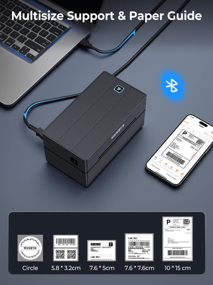 MUNBYN DHL label printer Bluetooth, label printer 4x6 shipping label printer, thermal printer label printer for Shopify, Ebay, Etsy, DHL, DPD, GLS, UPS, with 25 labels, no ink, 130B black.