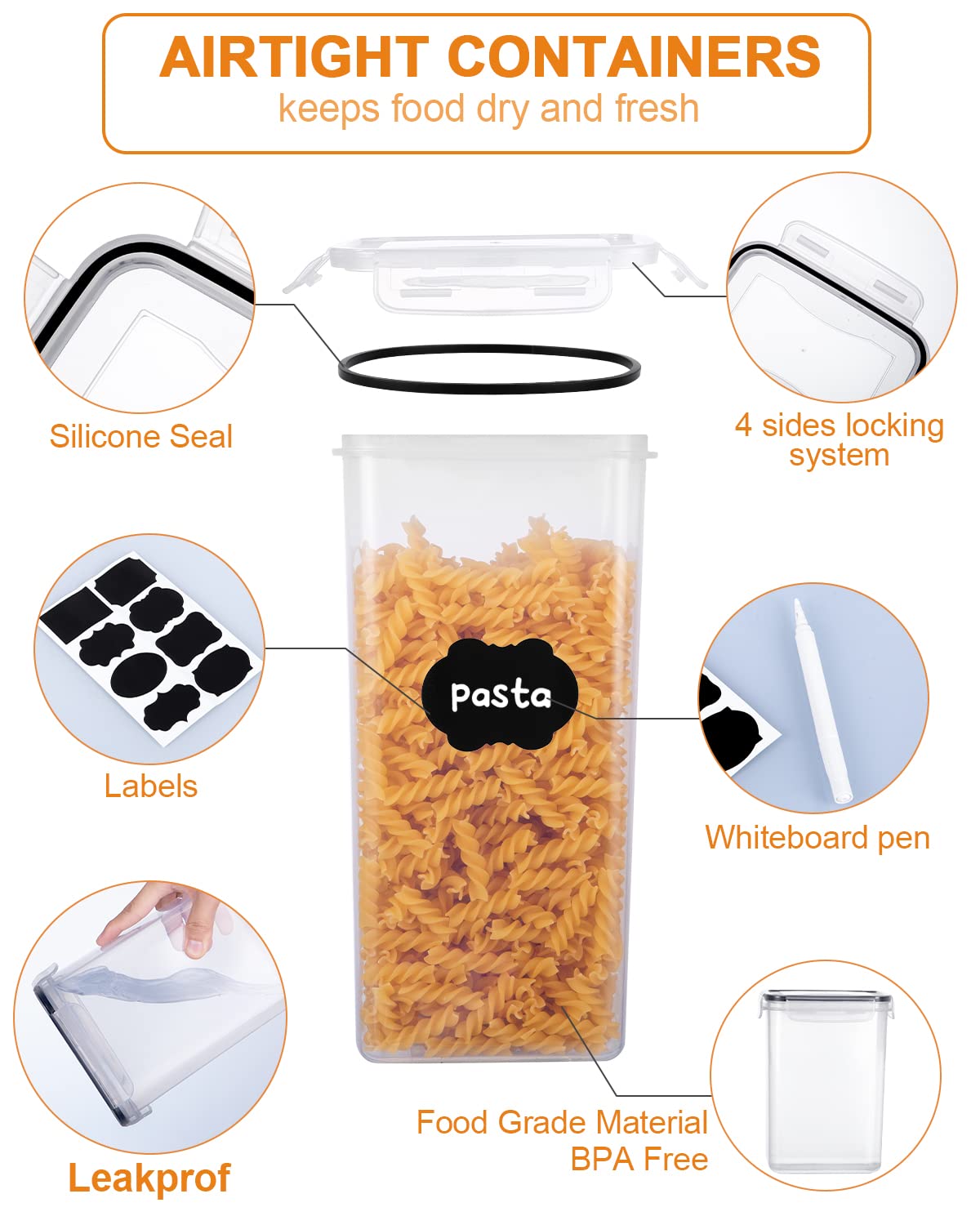 25-piece storage container set (9x0.8L + 6x1.4L + 5x2L + 5x2.8L) airtight containers with lids. Perfect for storing spaghetti, flour, cereal, and cornflakes in the kitchen. Great plastic organizers for keeping food fresh.