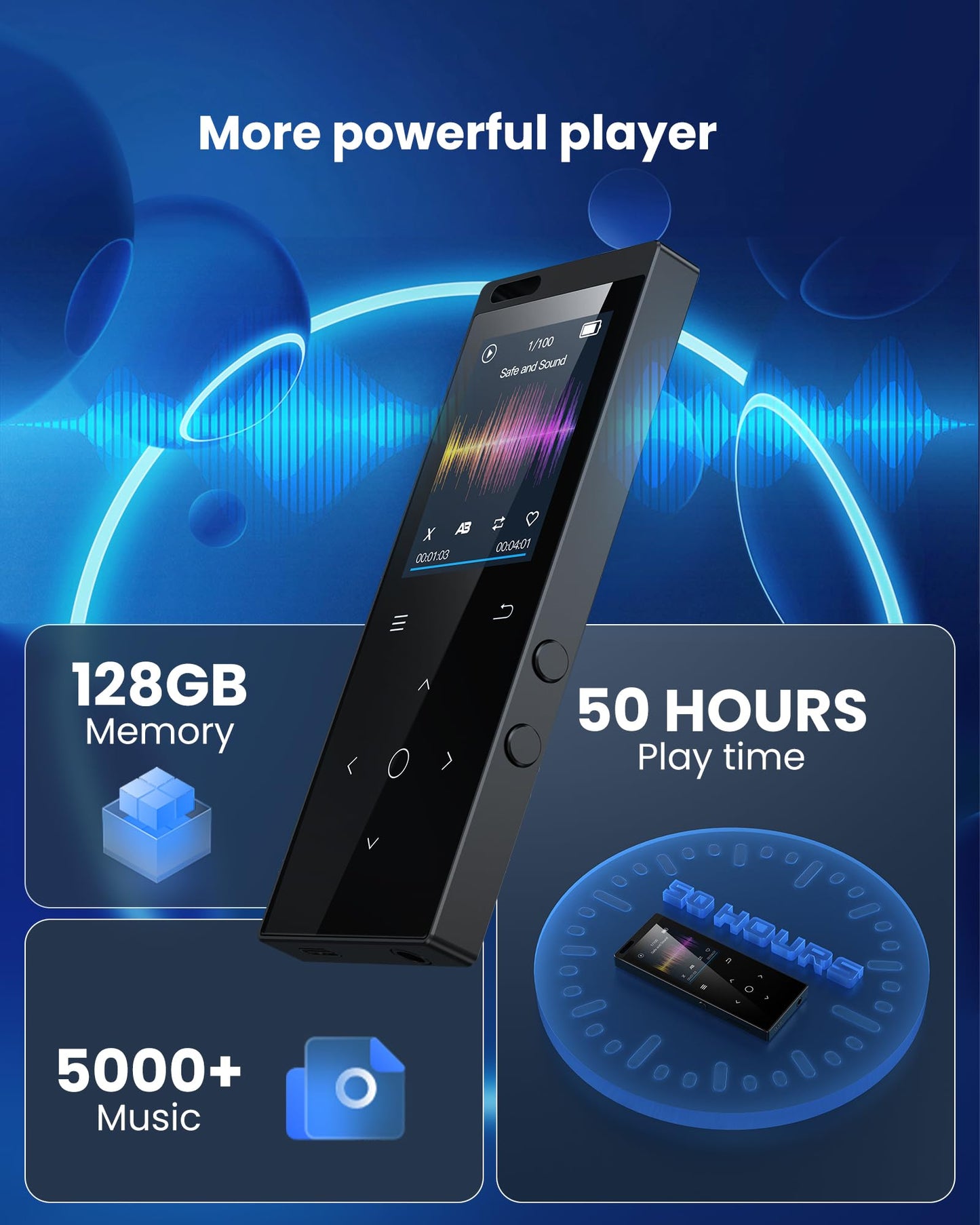 128GB MP3 Player Bluetooth 5.2, DODOSOUL MP3 Player with Headphones, FM Radio, Voice Recorder, Mini Design, HiFi Sound, E-Book Reader, Photo Album, Ideal for Sports, Speaker