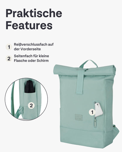 Johnny Urban backpack for women & men in mint color - Robin Medium - Rolltop design with laptop compartment for university, business, and cycling - 15L capacity - Sustainable and water repellent.