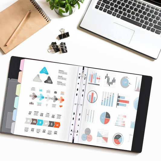 Uquelic presentation book, ring binder with 80 clear pockets A4 crystal clear (50 microns) and 6 macaron-colored PP dividers, folder organizer for documents, certificates, portfolio, black