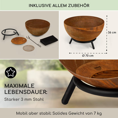 Blumfeldt Fire Pit, Outdoor Fireplace with 3-leg stand, Tilt-able Fire Bowls for Garden & Balcony, Large Camping Fire Pit, Weatherproof Garden Fire Bowl, 50x75x50 cm dimensions.