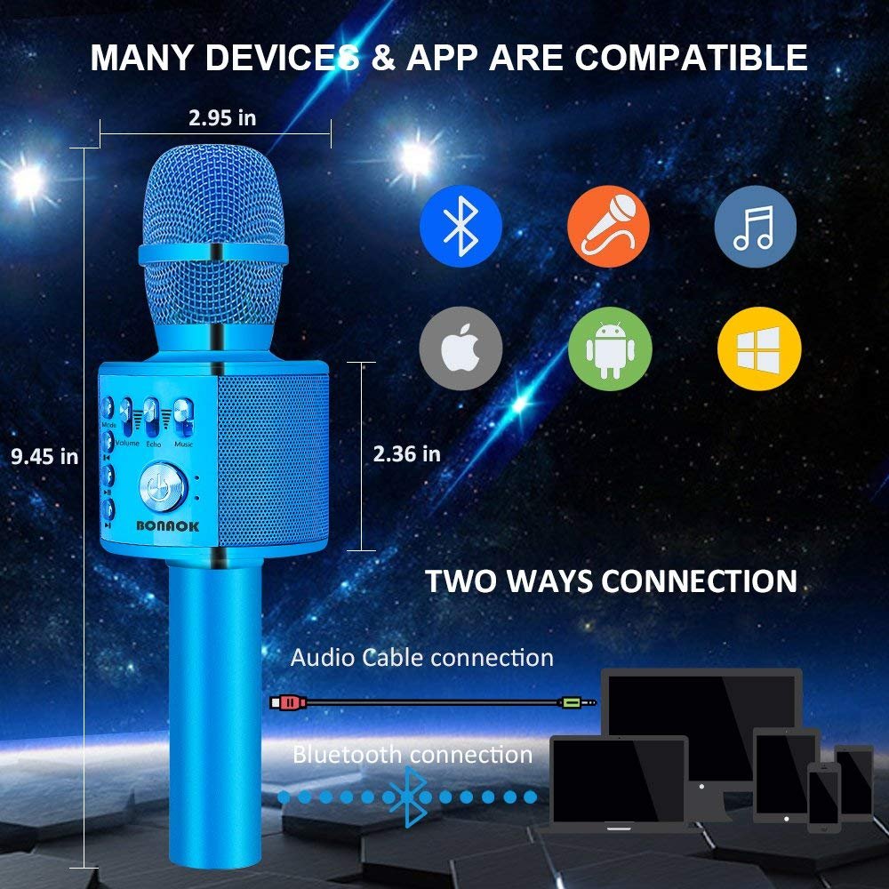 BONAOK Bluetooth Karaoke Microphone Wireless, Karaoke Microphone Echo, Home Party Microphone for Kids with Recording Function, Ideal for Music Playback and Singing, KTV, for iOS/Android/Smartphone (Blue)