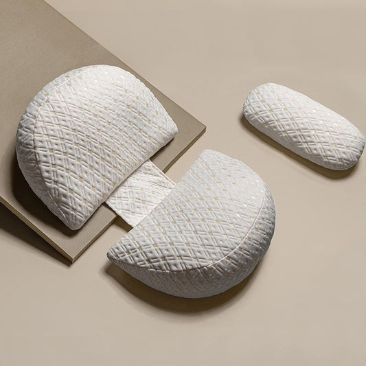 The SHANNA New Pregnancy Pillow is adjustable and comfortable for adults. It is a full body support pillow that can also be used as a nursing pillow. The cover is removable and washable. It is white in color.