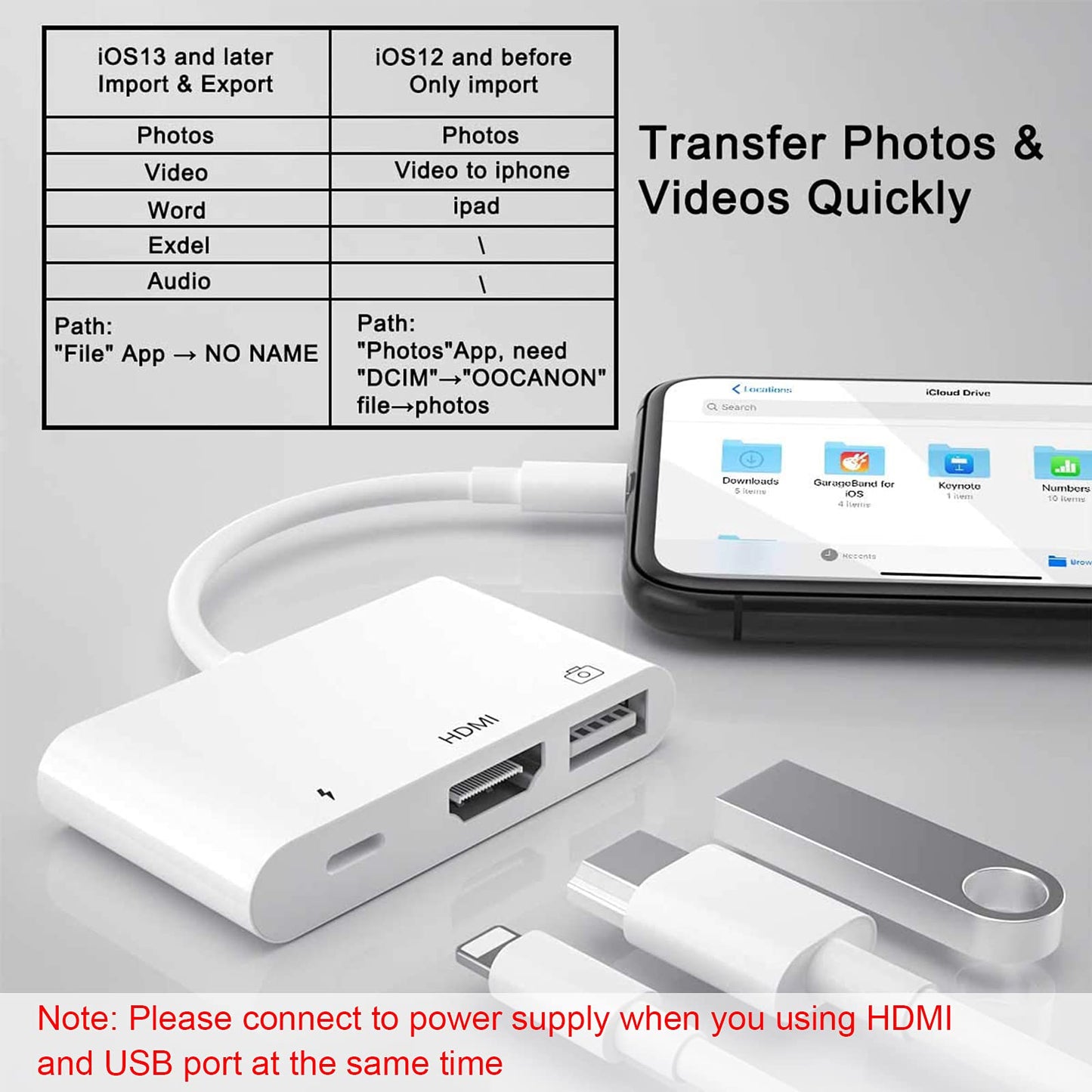 3 in 1 HDMI OTG adapter for iPhone, iPhone Digital AV 1080P HDMI adapter, USB port OTG cable and charging port, support USB flash drive, MIDI keyboard, mouse, for iPhone 14/13/12/11/XS/X/iPad