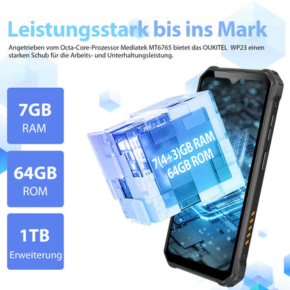 OUKITEL WP23 Outdoor Smartphone Unlocked Android 13.0, 7GB+64GB Waterproof, 10600mAh, 6.5" HD+, 13MP+5MP Panorama Camera, Dual SIM 4G, NFC/Face ID/OTG/GPS/IP68, Orange