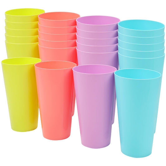 BELLE VOUS 24 Pack Colorful Plastic Cups - 600ml Reusable Drinking Cups in 4 Colors - Durable Plastic Cups for Parties, Camping, BBQs, Picnics & Beach - Dishwasher Safe & BPA Free