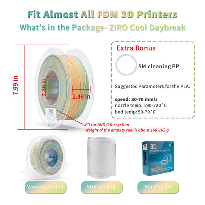 ZIRO Matt Multicolor PLA Filament 1.75mm, Fast Color Changing Matte 3D Printer Filament, 1kg Spool for Most FDM 3D Printers, Dimensional Accuracy +/-0.03mm, Cool Dawn.
