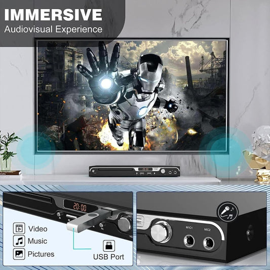 Maite 1080P HD DVD Player for TV - Region Free with dual microphone inputs, USB & HDMI/AV output, metal buttons, and Dolby sound
