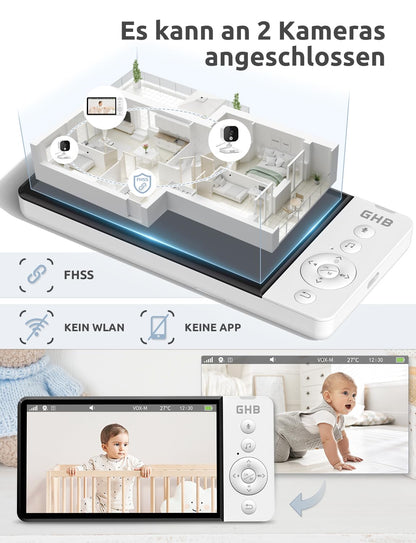 GHB baby monitor with camera 5 inch 720P HD 5000mAh IPS display VOX mode digital zoom night vision two-way talk temperature display ABM700