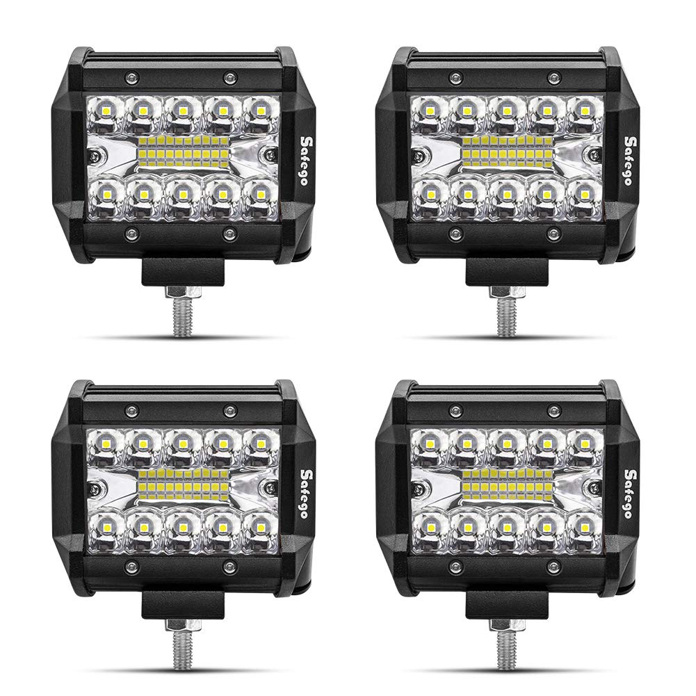 Safego 4 inch 60W LED work light with 6000LM, suitable for cars, off-road vehicles, trucks, excavators, SUVs, UTVs, and ATVs. IP67 waterproof and ideal for use on tractors. Set of 4 lights.