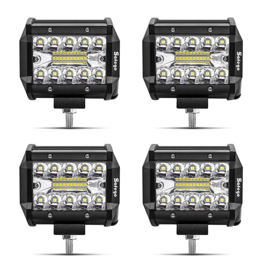 Safego 4 inch 60W LED work light with 6000LM, suitable for cars, off-road vehicles, trucks, excavators, SUVs, UTVs, and ATVs. IP67 waterproof and ideal for use on tractors. Set of 4 lights.