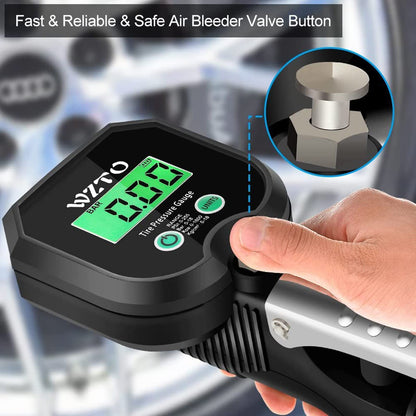 WZTO Digital Tire Pressure Gauge and Inflator, Calibrated air pressure gauge 255 PSI High Precision Tire Pressure Gauge with LCD screen for all vehicles, trucks, motorcycles (US & EU Standard Connection)