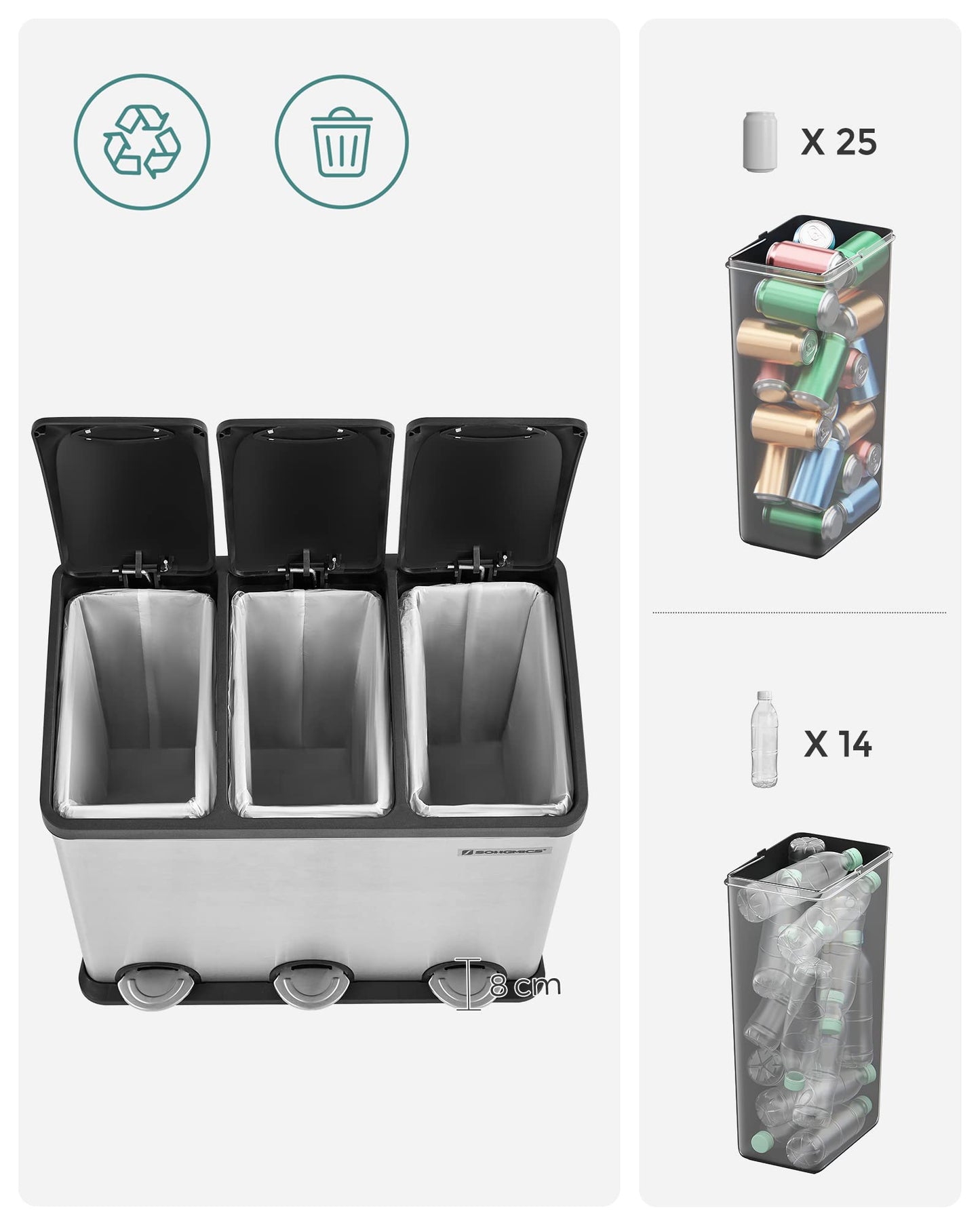 SONGMICS Kitchen Trash Can, Garbage Bin, Step Can with 3 compartments, inner bins and 6 stickers for waste separation, waste separation system, Silver-Black, 60.4 x 30 x 56.3 cm (L x W x H)