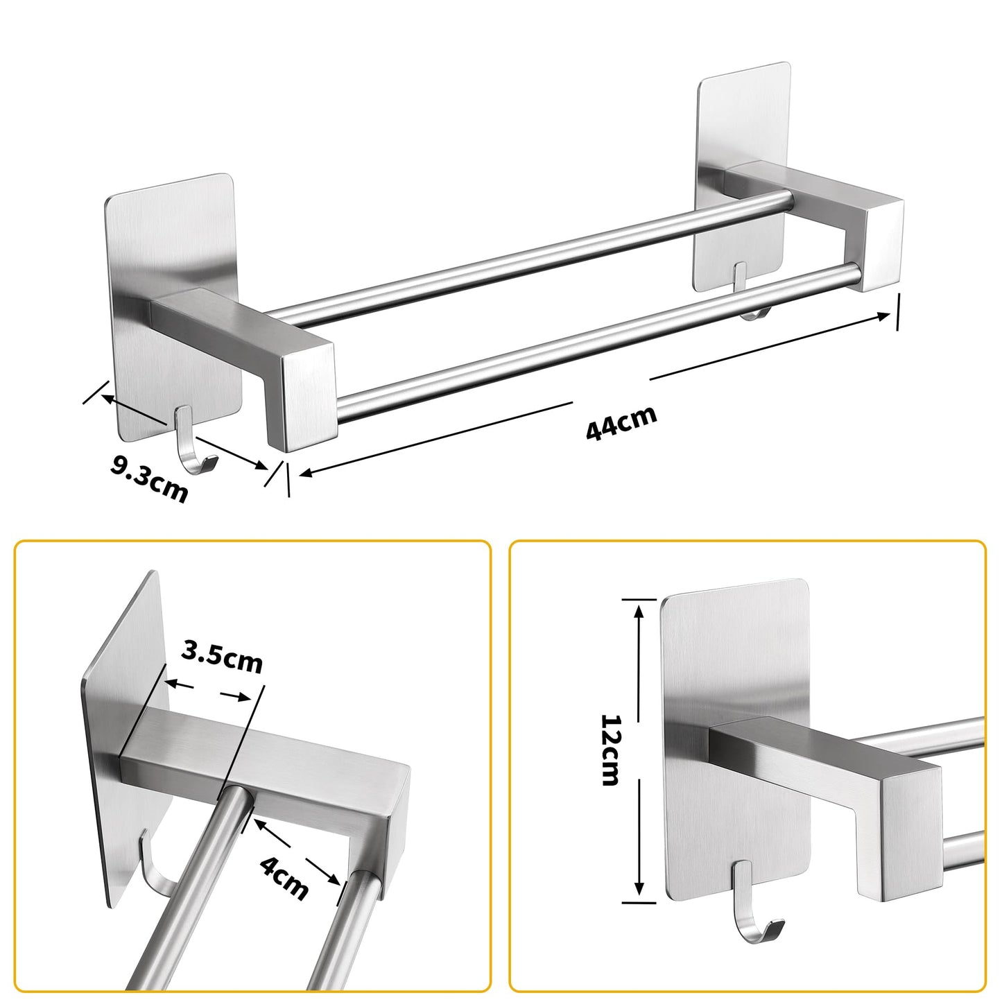 ALOCEO 44CM towel holder without drilling, made of SUS304 stainless steel. Double adhesive towel rack for bathroom, kitchen, shower wall. Silver color.