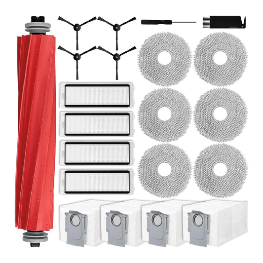 Replacement parts compatible with Roborock Q Revo, for Qrevo vacuum robot accessories, 1 main brush, 4 side brushes, 4 Hepa filters, 6 wiping cloths, 4 dust bags accessory set.
